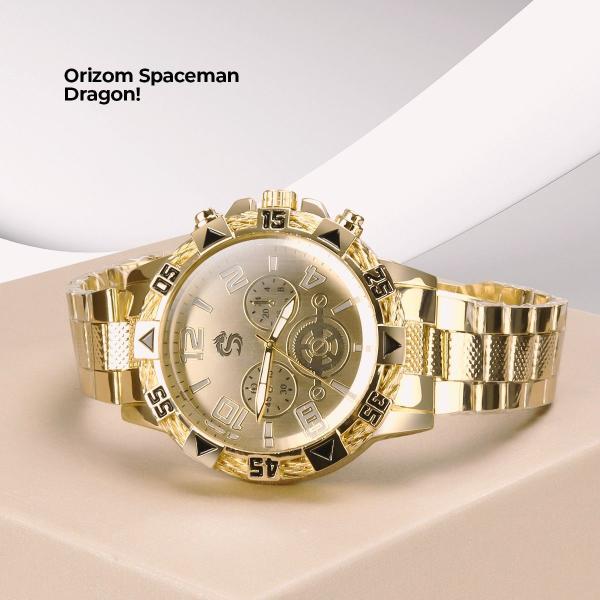 Imagem de Relogio Masculino Original Dragão Aço Inox Dourado Grande Pesado + Caixa Original Presente Elegante