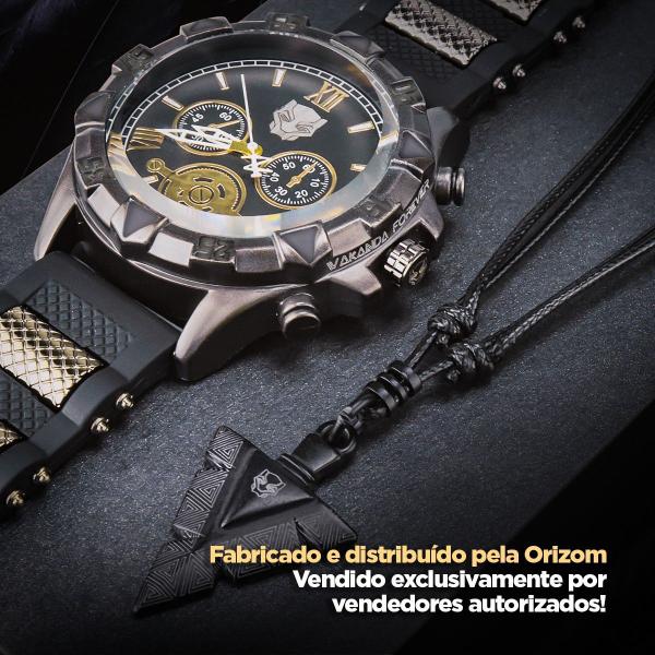 Imagem de Relogio masculino pantera preto aço inox + cordão corrente analogico social original presente casual