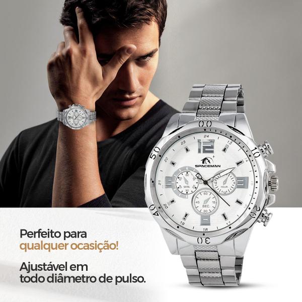 Imagem de Relogio Masculino Prata Aço Inoxidável + Cordao + Oculos Sol social proteção uv qualidade premium