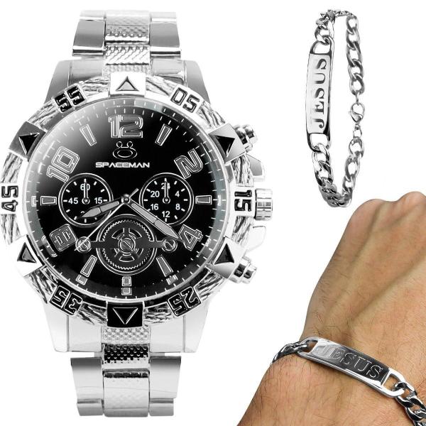 Relogio Masculino Prata Aço Inoxidavel + Pulseira Pai Nosso - Orizom Imagem de Relogio Masculino Prata Aço Inoxidavel + Pulseira Pai Nosso