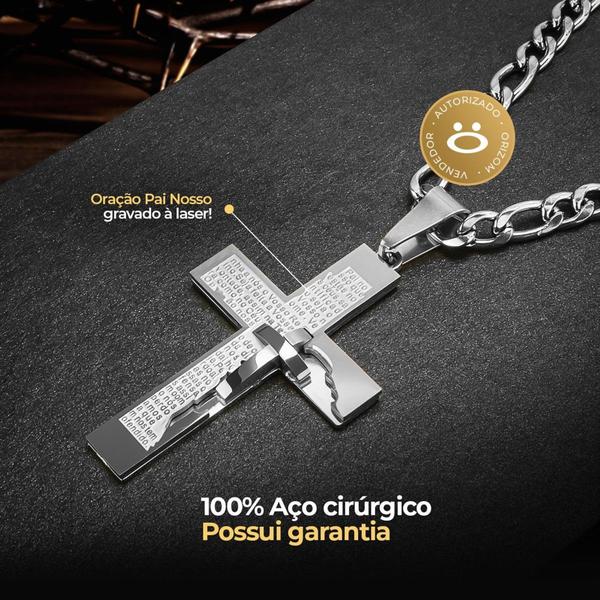 Imagem de Relógio Masculino Prata Analógico Original + Óculos de Sol UV + Cordão Cruz Pai Nosso