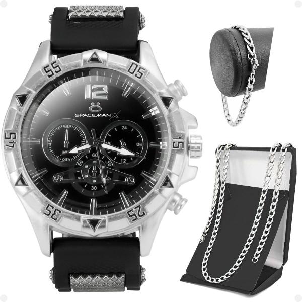 Imagem de Relogio masculino prata luxo original + pulseira + colar prata grumet + caixa premium presente