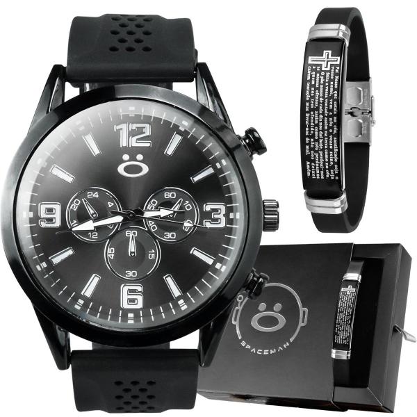 Imagem de Relogio masculino preto aço inox + caixa + pulseira pai nosso casual presente original silicone