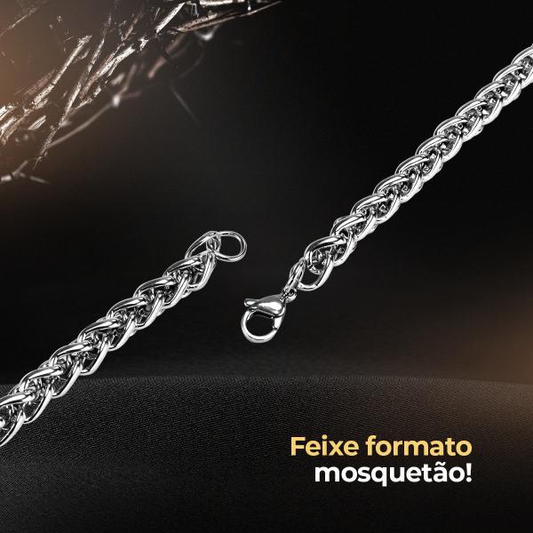 Imagem de Relógio Masculino Preto Analógico Aço Inox + Cordão Cruz Prata + Caixa Social Robusto Original