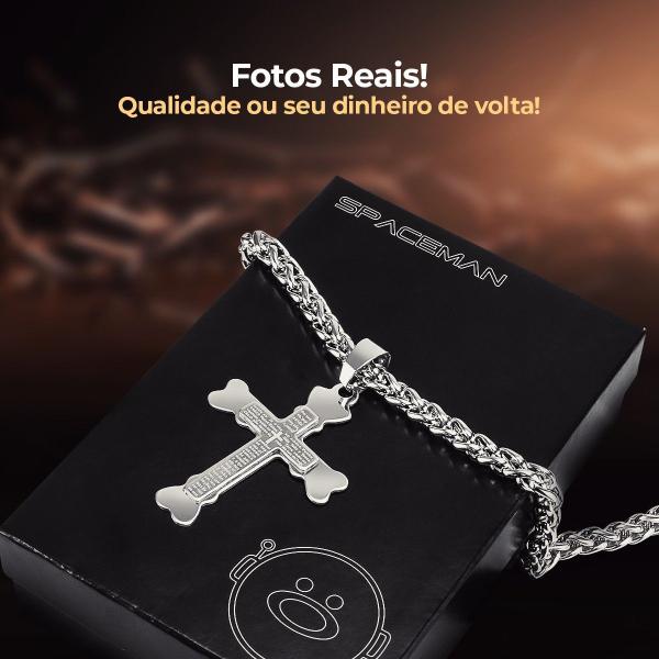 Imagem de Relógio Masculino Preto Analógico Aço Inox + Cordão Cruz Prata + Caixa Social Robusto Original