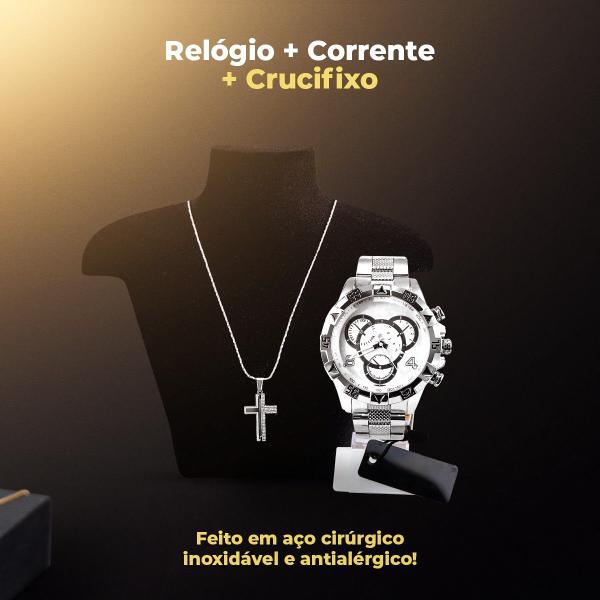 Relógio Masculino Prova D'Agua Aço + Corrente pingente pai nosso - Orizom Imagem de Relógio Masculino Prova D'Agua Aço + Corrente pingente pai nosso