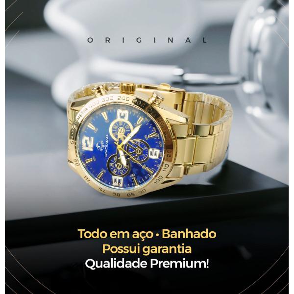 Imagem de relogio masculino prova dagua dourado + cordão + pulseira grande original presente aço inoxidável