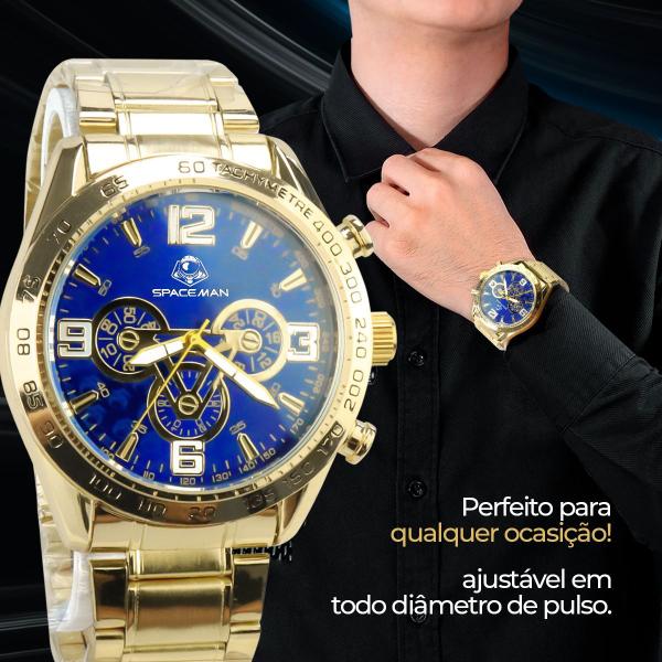 Imagem de relogio masculino prova dagua dourado + cordão + pulseira grande original presente aço inoxidável