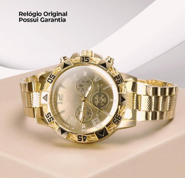 Imagem de Relogio Masculino Quartz Original Prova D'agua + Kit Cordão Banhado a Ouro + Pulseira 