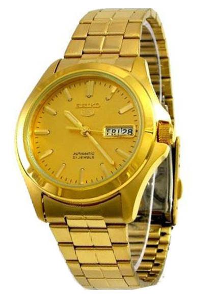 Imagem de Relógio masculino Seiko SNKK98 com mostrador analógico dourado em aço inoxidável