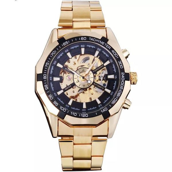 Imagem de Relógio masculino skeleton forsining winner analógico dourado prata preto casual inox transparente 340