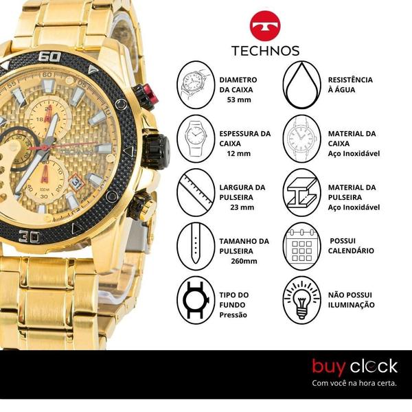 Imagem de Relógio Masculino Technos Dourado Cronógrafo Social Original Prova D'água Garantia 1 ano RTJS15END1D