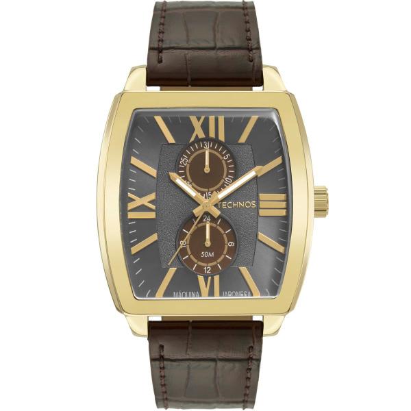 Imagem de Relógio Masculino Technos Grandtech Dourado Quadrado Analógico Pulseira de Couro Marrom 6P23AO/0C