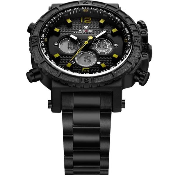 Imagem de Relógio masculino weide anadigi multifunção preto amarelo 6305 inox esportivo 