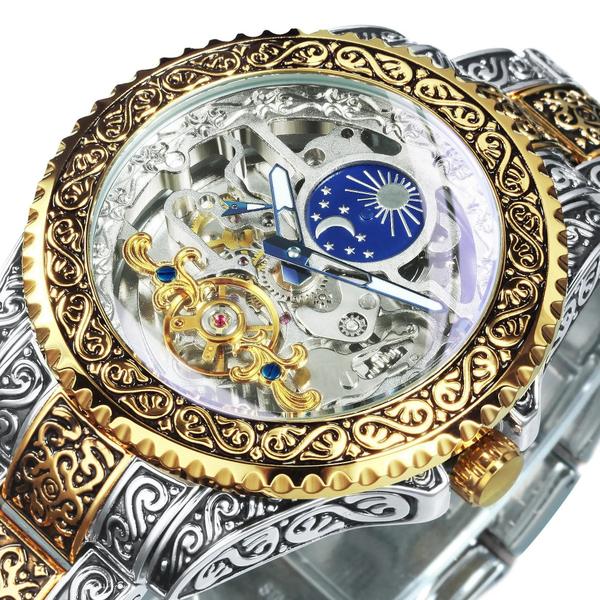 Imagem de Relógio Mecânico Esqueleto Masculino Dourado - Luminoso, Fase da Lua e Turbilhão - Pulseira de Aço