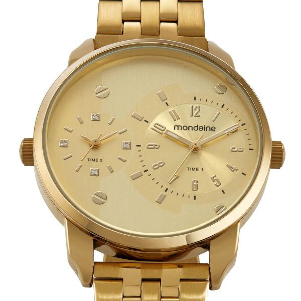 Imagem de Relogio Mondaine Feminino dourado banhado folheado grande cravejado strass com numeros aço a prova dagua 32456LPMVDE1