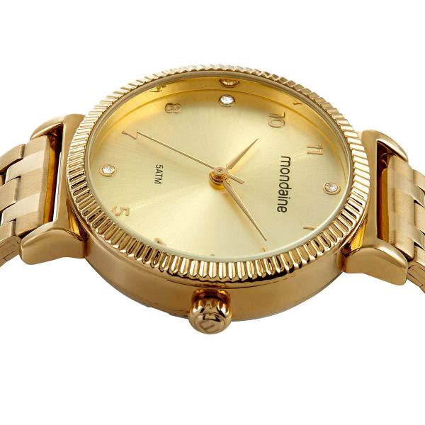 Imagem de Relogio Mondaine Feminino dourado banhado strass pedrinhas numeros moderno aço prova dagua 32360LPMVDE1