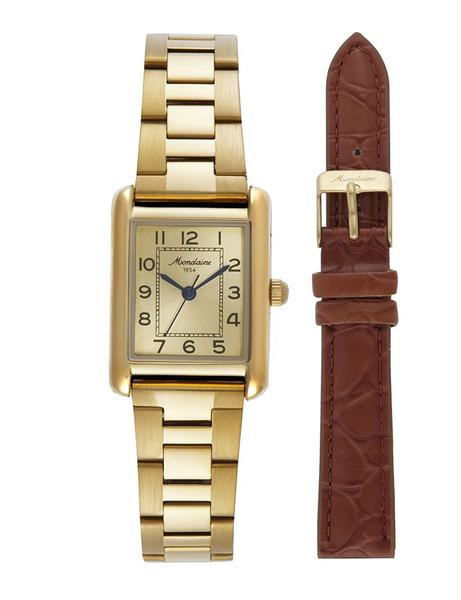 Imagem de Relogio Mondaine Feminino pequeno dourado quadrado com numeros classico 2 pulseiras de aço e couro kit 32821LPMKDE1