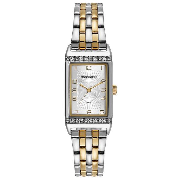 Imagem de Relogio Mondaine Feminino quadrado dourado e prata bicolor misto cravejado pequeno 32495LPMVBE3