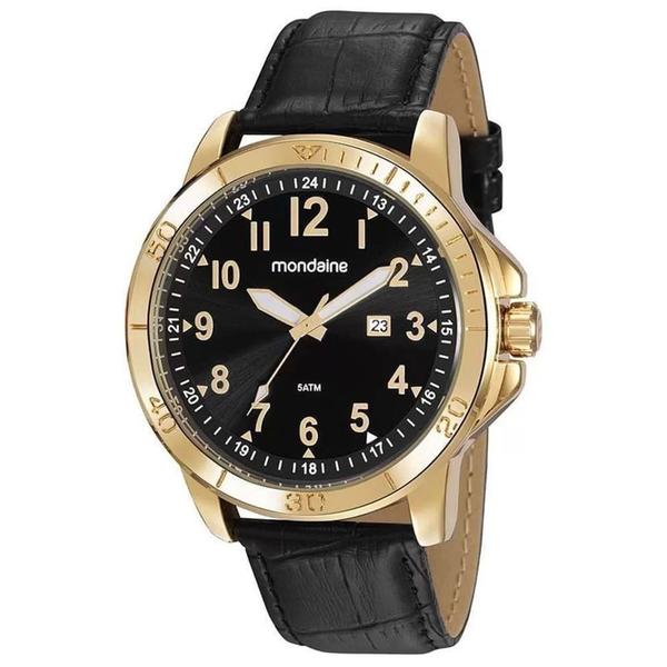 Imagem de Relógio MONDAINE masculino dourado couro preto 99412GPMVDH2