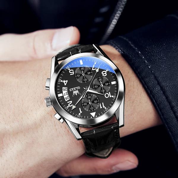 Imagem de Relógio OLEVS Black Leather Band Chronograph para homens à prova d'água