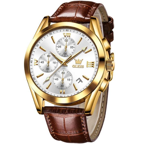 Imagem de Relógio OLEVS Brown Leather Chronograph, estojo dourado para homens