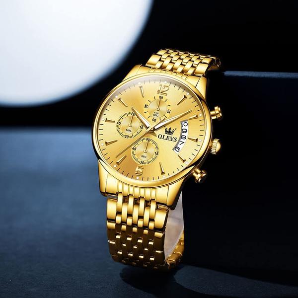 Imagem de Relógio OLEVS em aço inoxidável em ouro amarelo 42 mm para homens com data