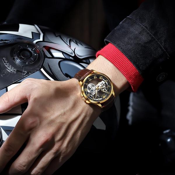 Imagem de Relógio OLEVS Gold Black Skeleton Tourbillon Waterproof Masculino