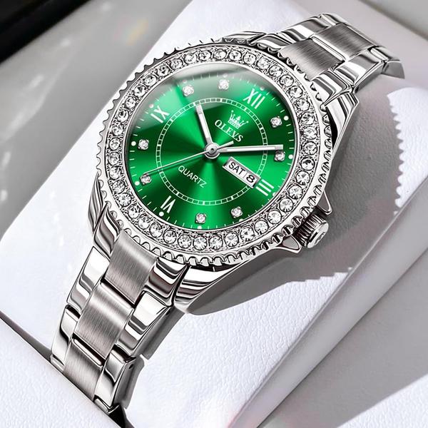 Imagem de Relógio OLEVS Green Women Luxury Fashion Quartz em Aço Inoxidável