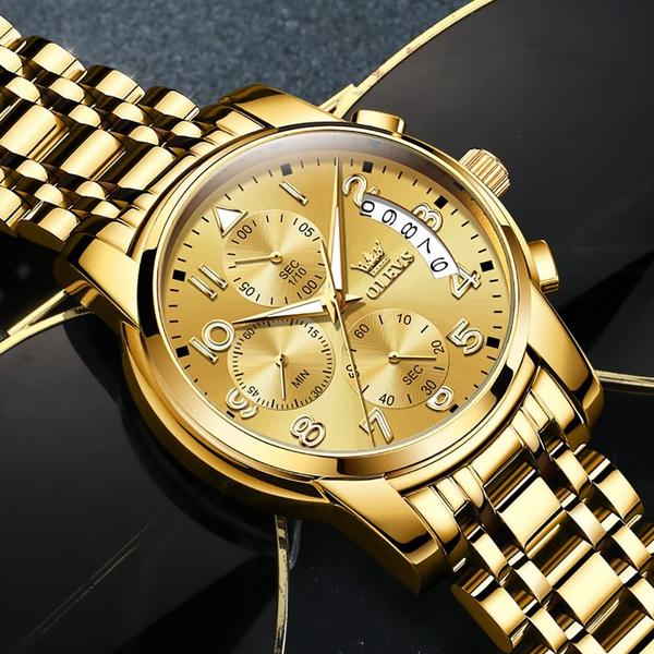 Imagem de Relógio OLEVS Mens Gold Chronograph em aço inoxidável 41 mm