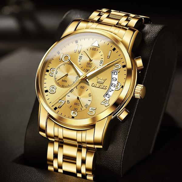 Imagem de Relógio OLEVS Mens Gold Chronograph em aço inoxidável 41 mm