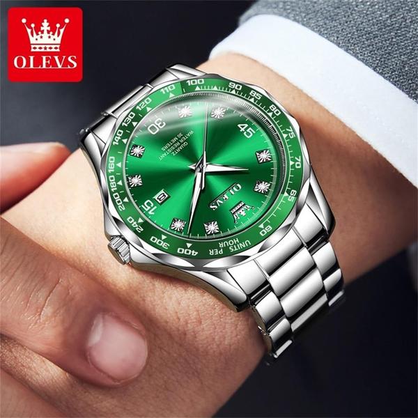 Imagem de Relógio OLEVS Silver para homens, vestido de luxo com mostrador verde diamante