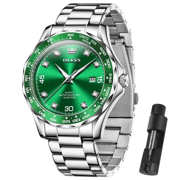 Imagem de Relógio OLEVS Silver para homens, vestido de luxo com mostrador verde diamante