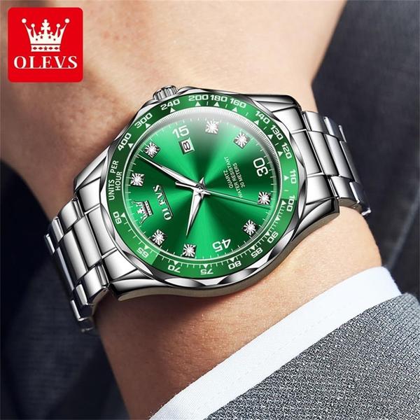 Imagem de Relógio OLEVS Silver para homens, vestido de luxo com mostrador verde diamante