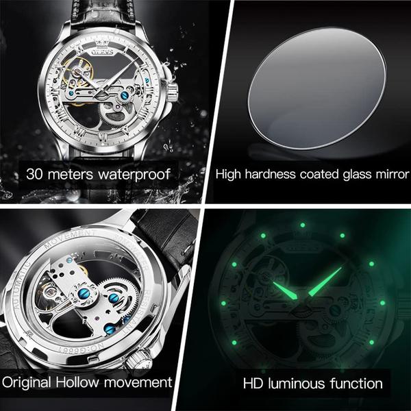 Relógio OLEVS Silver Skeleton Tourbillon Black Leather Masculino Imagem de Relógio OLEVS Silver Skeleton Tourbillon Black Leather Masculino