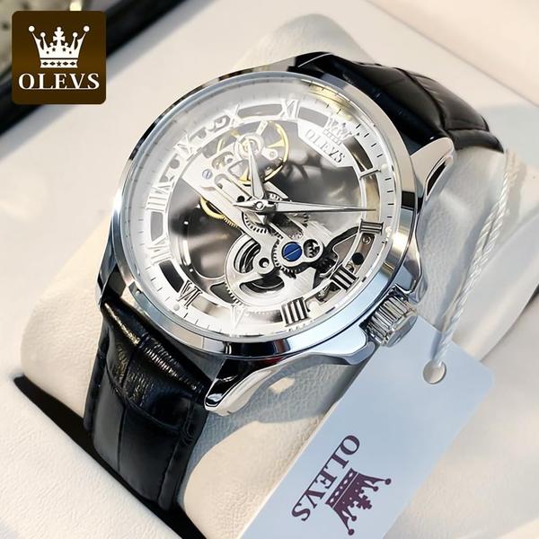 Relógio OLEVS Silver Skeleton Tourbillon Black Leather Masculino Imagem de Relógio OLEVS Silver Skeleton Tourbillon Black Leather Masculino