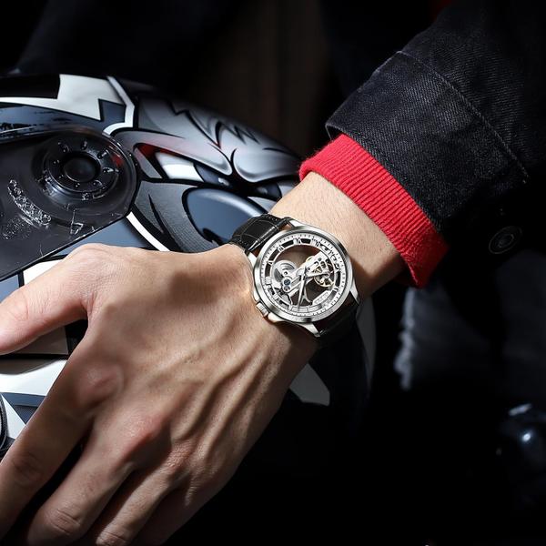 Relógio OLEVS Silver Skeleton Tourbillon Black Leather Masculino Imagem de Relógio OLEVS Silver Skeleton Tourbillon Black Leather Masculino