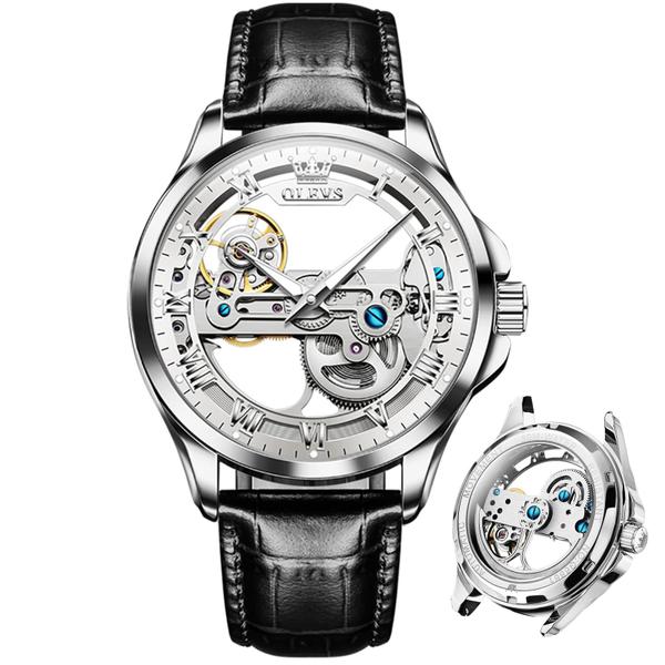 Relógio OLEVS Silver Skeleton Tourbillon Black Leather Masculino Imagem de Relógio OLEVS Silver Skeleton Tourbillon Black Leather Masculino