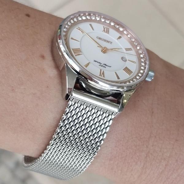 Imagem de Relogio Orient feminino prata pequeno pulseira malha de aço mesh FTSS1163 B3SX