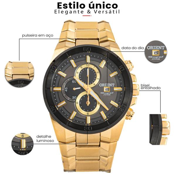 Imagem de Relógio Orient Masculino Dourado Cronógrafo Aço Original Prova D'água Garantia 1 ano ROC004G1KX