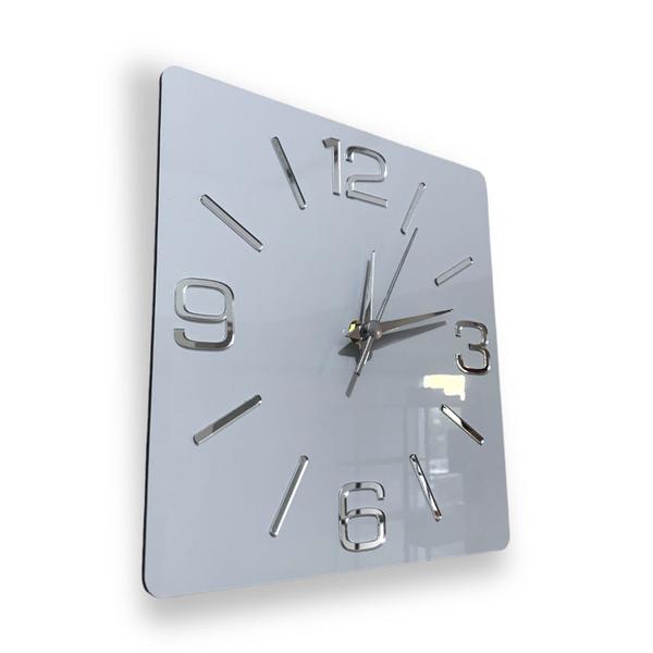 Imagem de Relógio parede branco 25cm, quadrado, Algarismos 3D côr Prata espelhado.