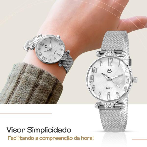 Imagem de Relogio Prata Luxo Feminino Aço Original Casual Analógico + Colar + Brinco Presente Qualidade Premium Social