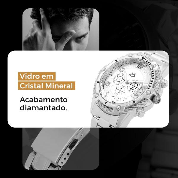 Imagem de Relogio Prateado Masculino + Caixa Pulseira original prata pesado presente social casual robusto