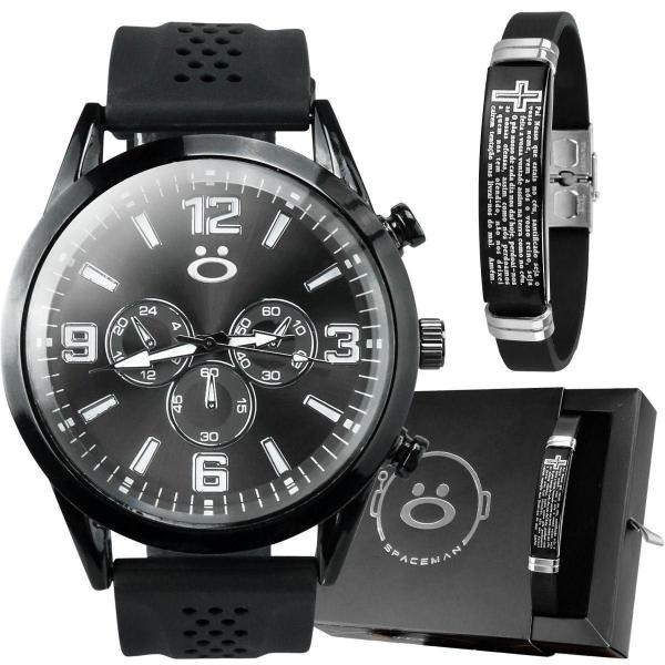 Relogio Preto Aço Inox Masculino + Pai Nosso Pulseira + - Orizom Imagem de Relogio Preto Aço Inox Masculino + Pai Nosso Pulseira +