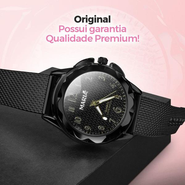 Imagem de Relógio Preto Quartzo Feminino Prova D'água Pulso Silicone + Pulseira Berloque Prata