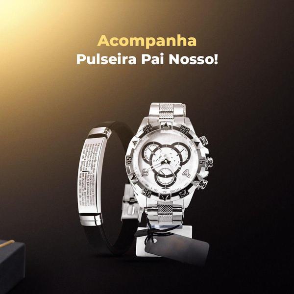 Imagem de Relogio Prova D'agua Masculino Prata + Pulseira Pai nosso inox - Orizom