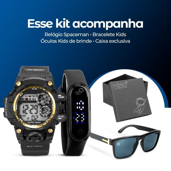 Imagem de Relogio prova dagua digital + oculos sol protecao uv esportivo menino preto data dourado ajustavel