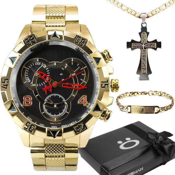 Imagem de relogio prova dagua dourado + corrente + pulseira + caixa social ouro robusto pesado casual presente