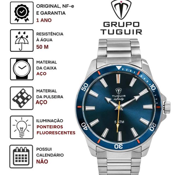 Relógio Pulso Tuguir Infinity Masculino Analógico Casual Prova D'água 5 ATM Aço Inóx Prata TGI37009 Imagem de Relógio Pulso Tuguir Infinity Masculino Analógico Casual Prova D'água 5 ATM Aço Inóx Prata TGI37009
