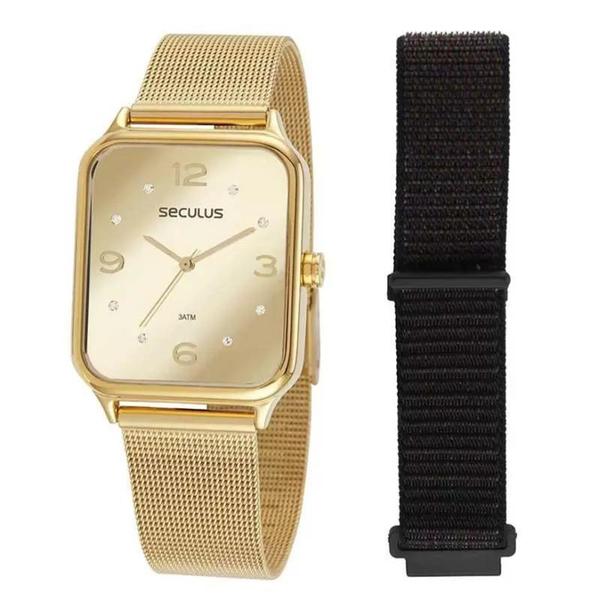 Imagem de Relogio Seculus feminino dourado quadrado espelhado troca pulseiras 77123LPSVDS1